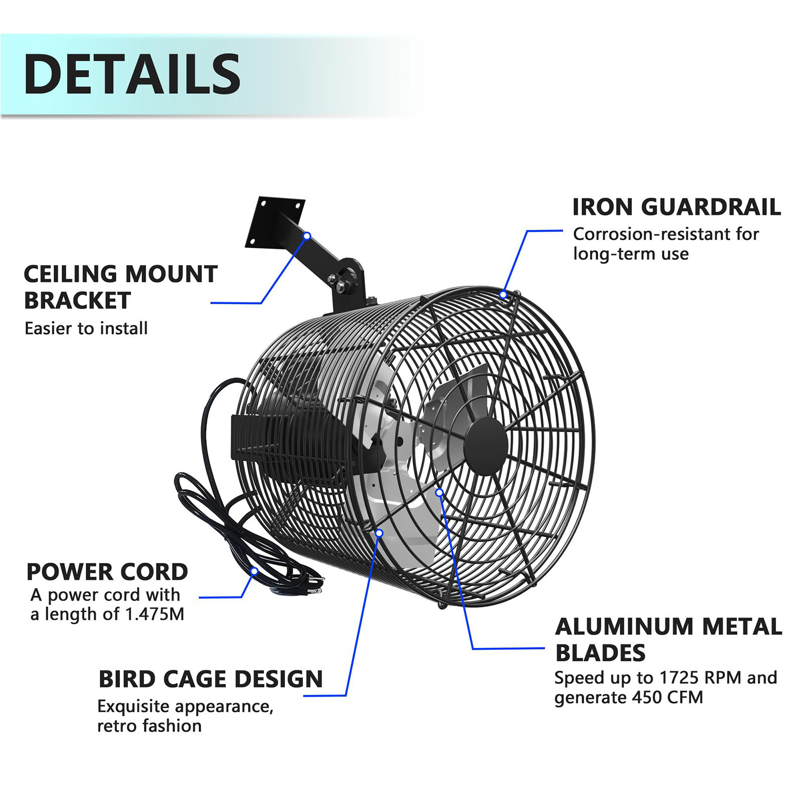 8/12/20/24 In Greenhouse Circulation Air Circulation Fan 115V Ceiling Wall Mount