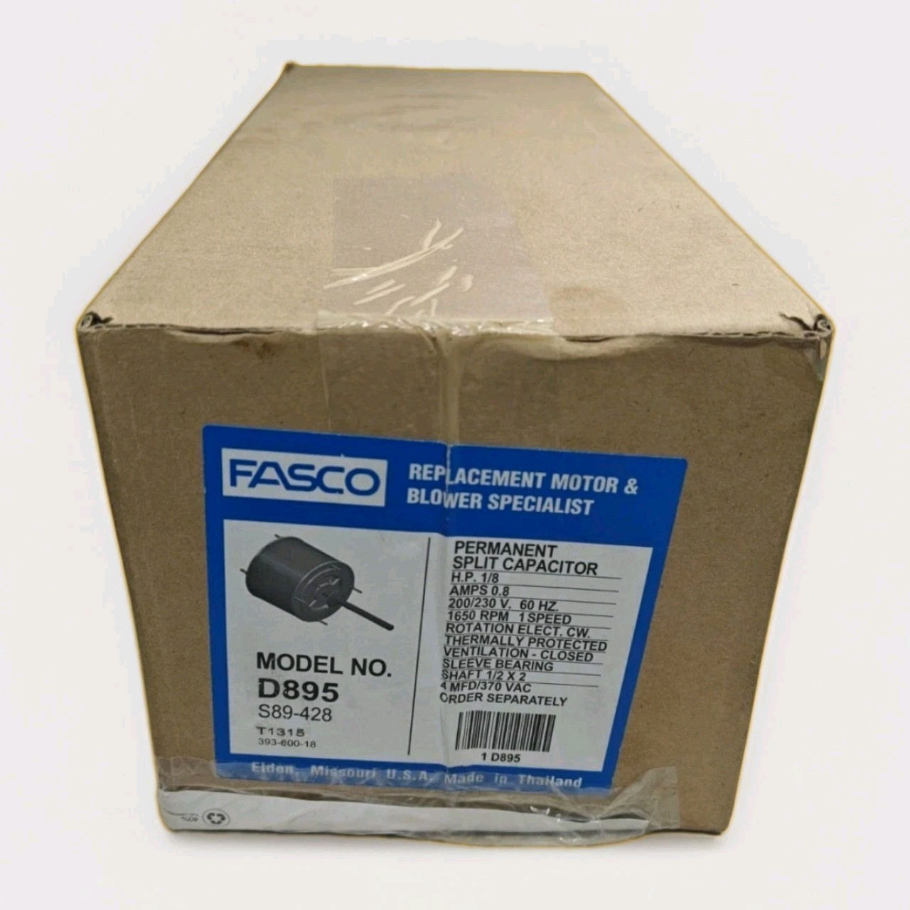 Fasco Permanent Split Capacitor Model D895 HP1/8 Amps.8 200/230V 1650RPM – NEW!!