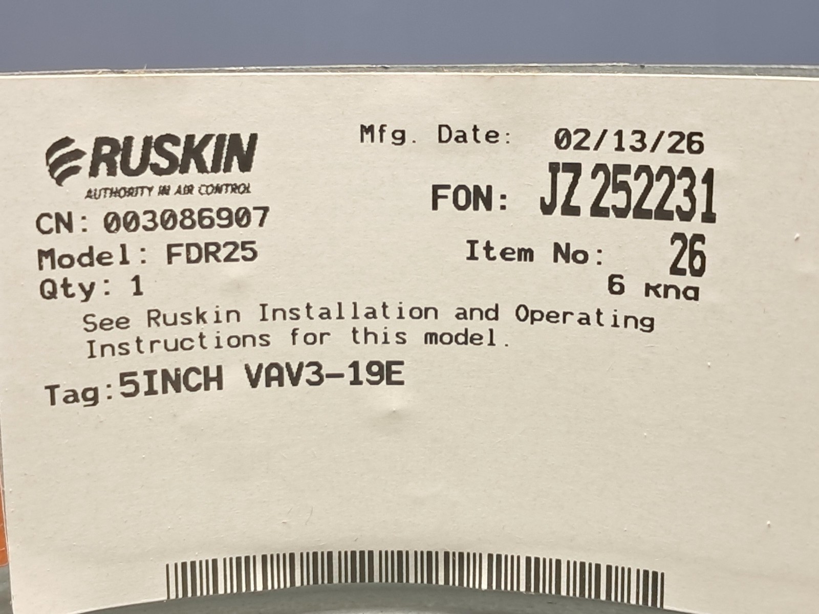 Ruskin – FDR25 – 6″ Round Galvanized Steel Fire Damper – NEW