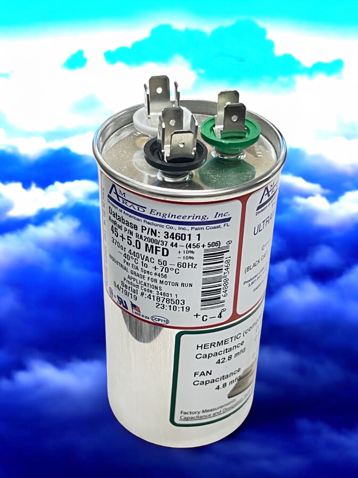 45 + 5 uF MFD x 370 / 440 VAC Motor Run Capacitor AmRad USA2236 – Made in USA