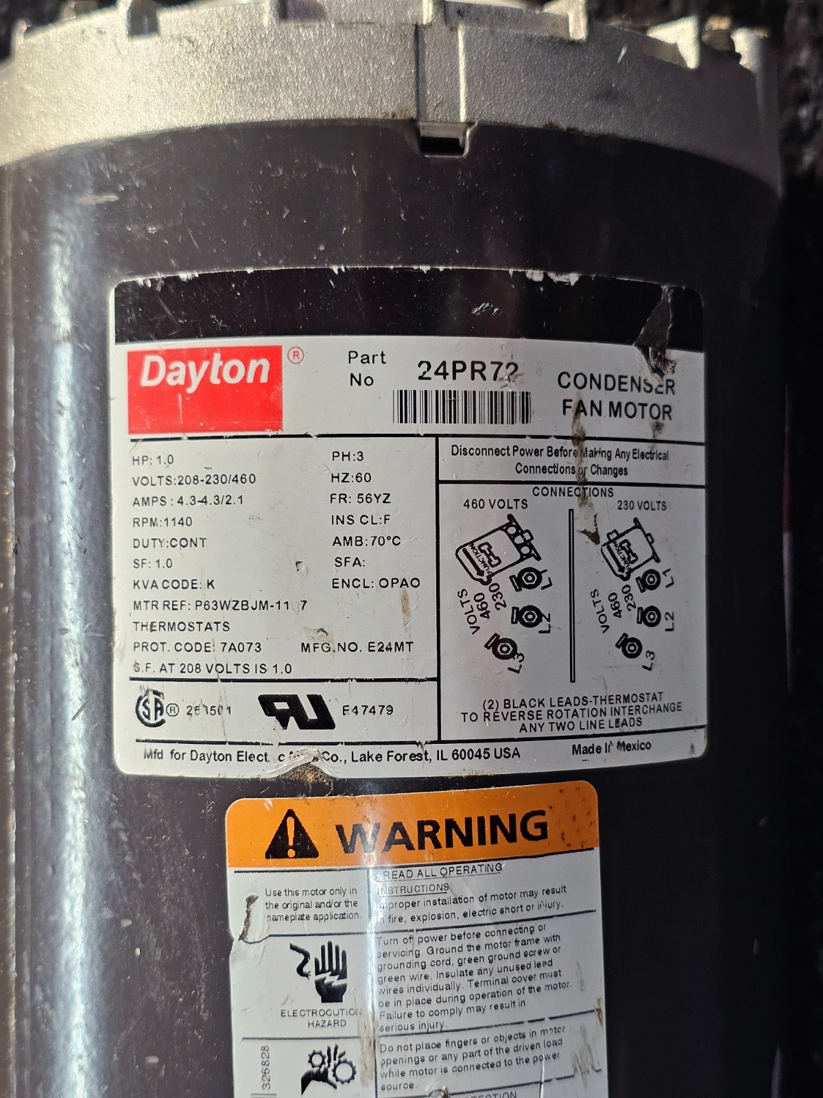 Dayton 24PR72 Condenser Fan Motor, 1 HP, 1140 rpm, 60 Hz 1 Speed, T-Stat 3 Phase