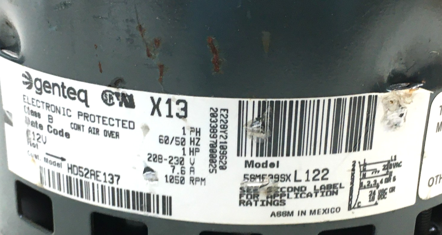 Genteq X13 FM17 5SME39SXL122 Blower Motor HD52AE137 1HP 230V CWLE used #MB564