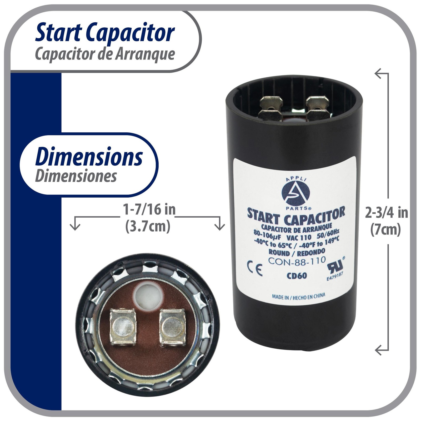 Appli Parts motor start capacitor 80-106 Mfd (microfarads) uF 110-125 VAC univer