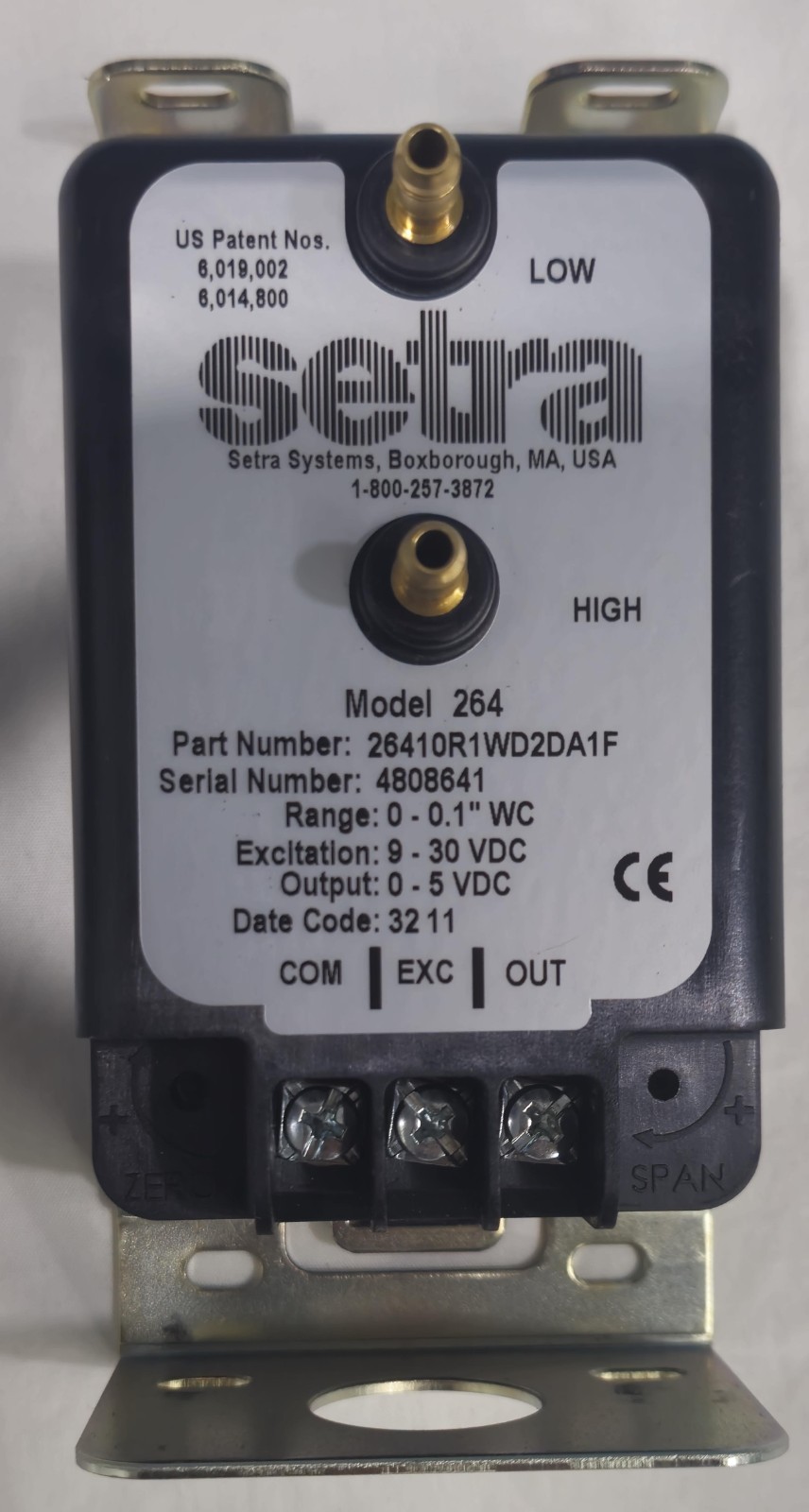 Setra Model 264 Differential Pressure Transducer 26410R1WD2DA1F RANGE:0-0.1″ WC