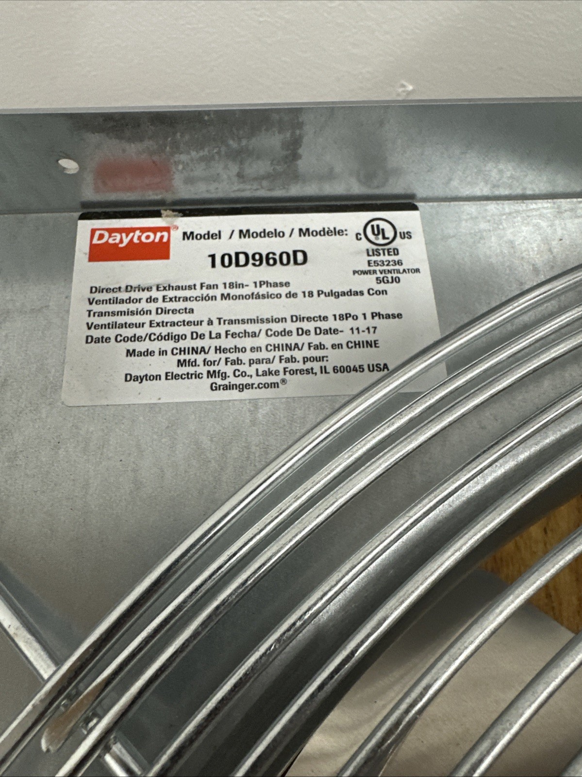Dayton 18” Direct Drive Exhaust Fan 10D960D 115/230V Single Phase NIB