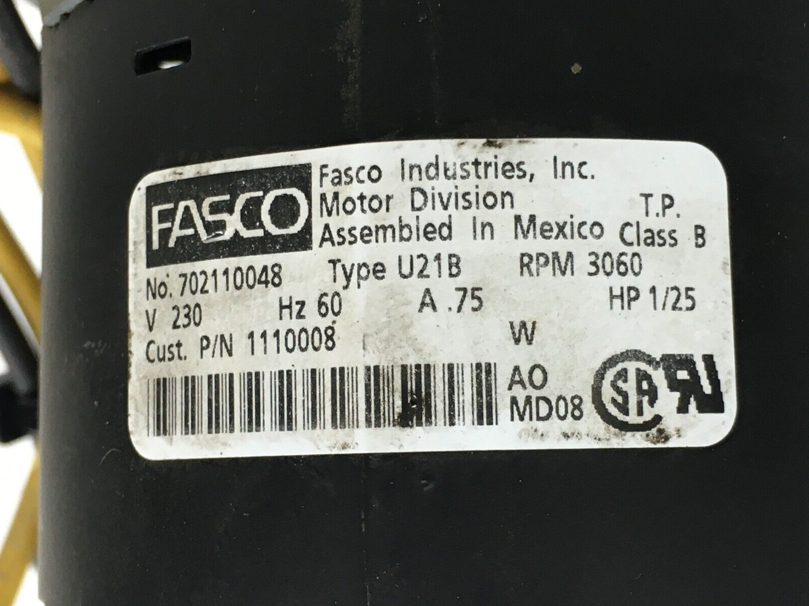 FASCO 702110048 Draft Inducer Blower Motor 1110008 230V 3060 RPM used #MD549