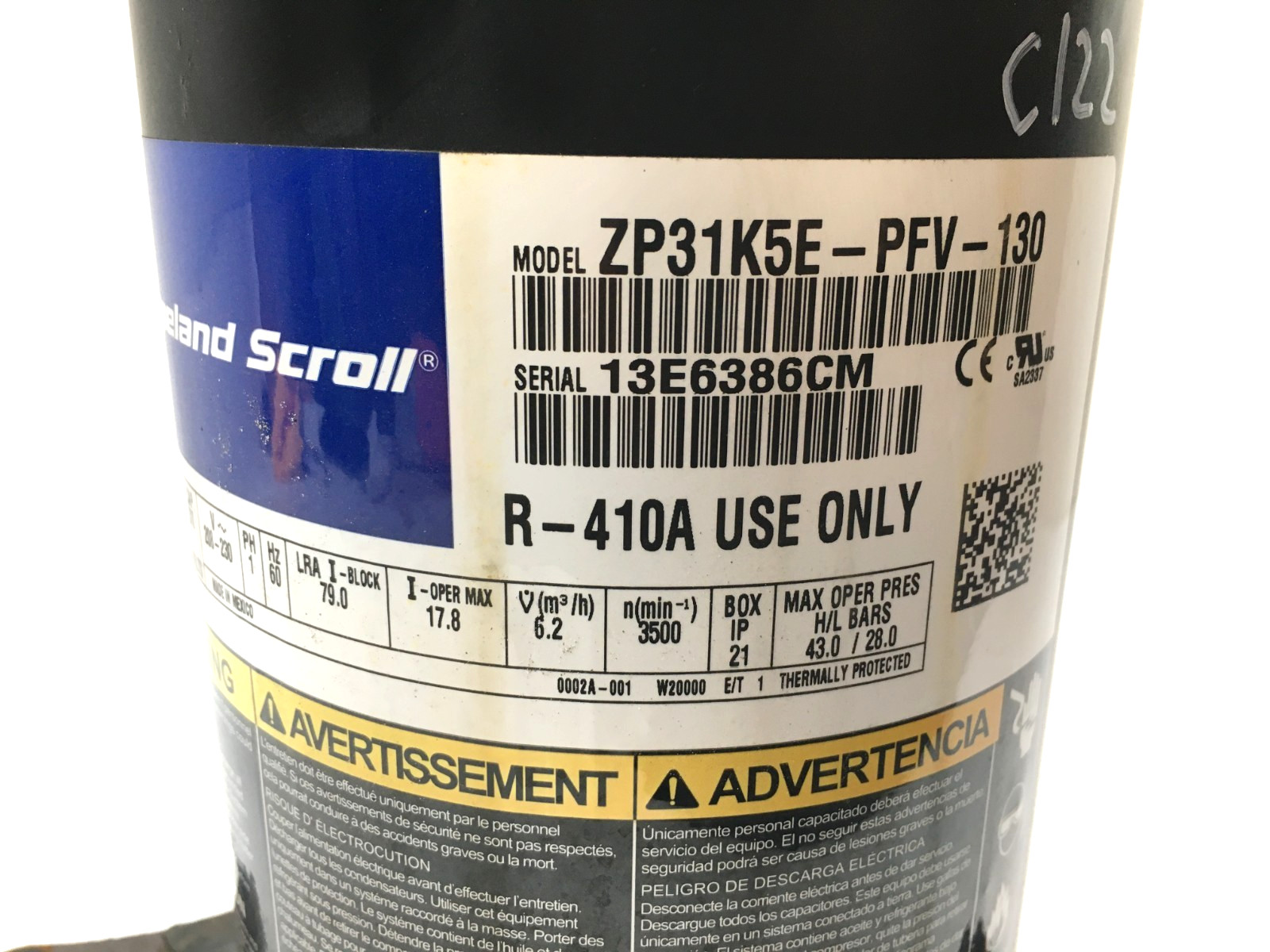 Copeland 2.5 Ton Scroll Compressor ZP31K5E-PFV-130 R410A 230V 1 PH used #C122