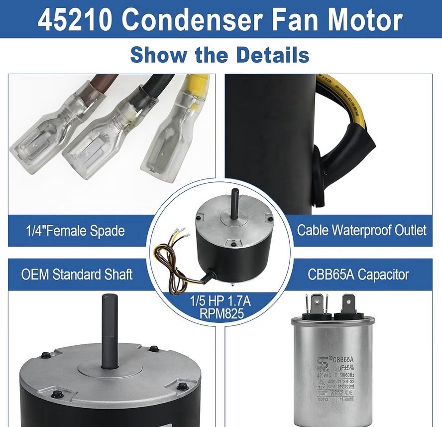 45210 Condenser Fan Motor, 1/5 HP 825 RPM 208-230V AC Condenser Fan Motor