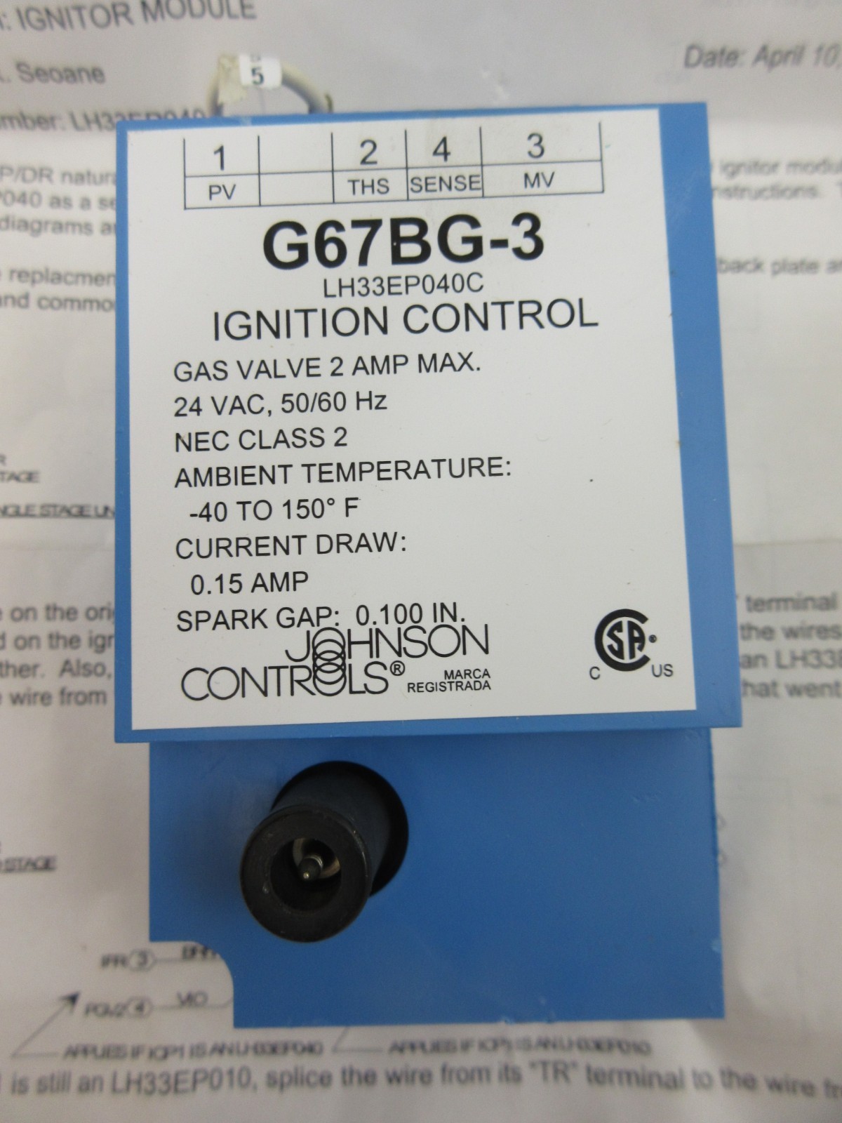 CARRIER BRYANT PAYNE LH33EP040 JOHNSON CONTROLS G67BG-3 SPARK IGNITER MODULE
