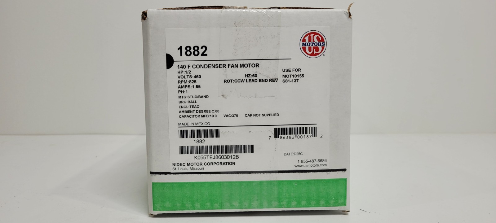 US Motors 1882, Condenser Fan, 1/2 HP, 1-Phase, 825 RPM Motor MOT10155 S81-137
