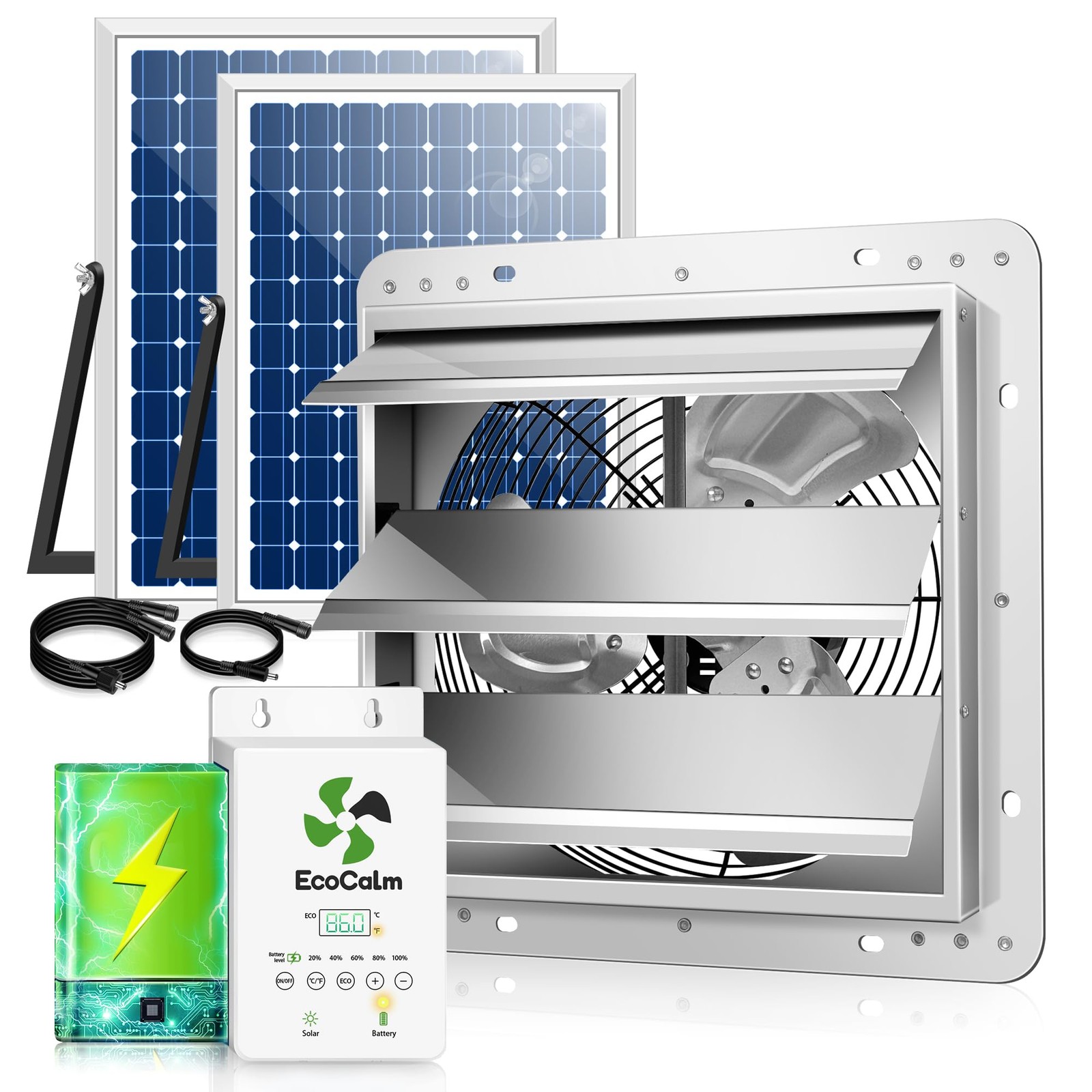 ecoCalm 12″ Solar Exhaust Fan for Greenhouse with Battery and Silver