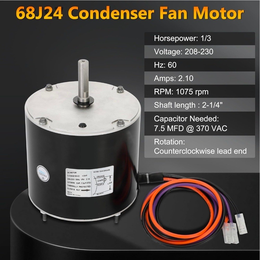 68J24 Condenser Fan Motor 1/3 HP 1075 RPM 208-230V for Lennox 97M62 69W96