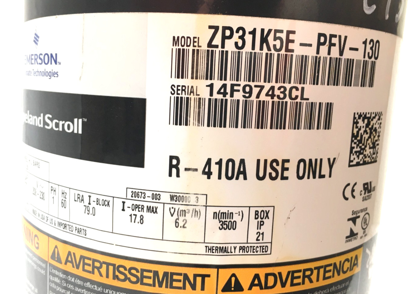 Copeland 2.5 Ton Scroll Compressor ZP31K5E-PFV-130 R410A 208/230V 1 PH used #C13