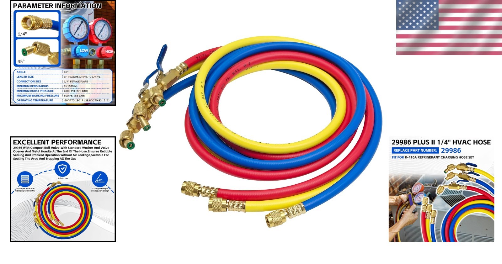 Yellow Jacket 29986 Plus II 1/4″ Hose with Compact Ball Valve, 72″ (Pack of 3)!