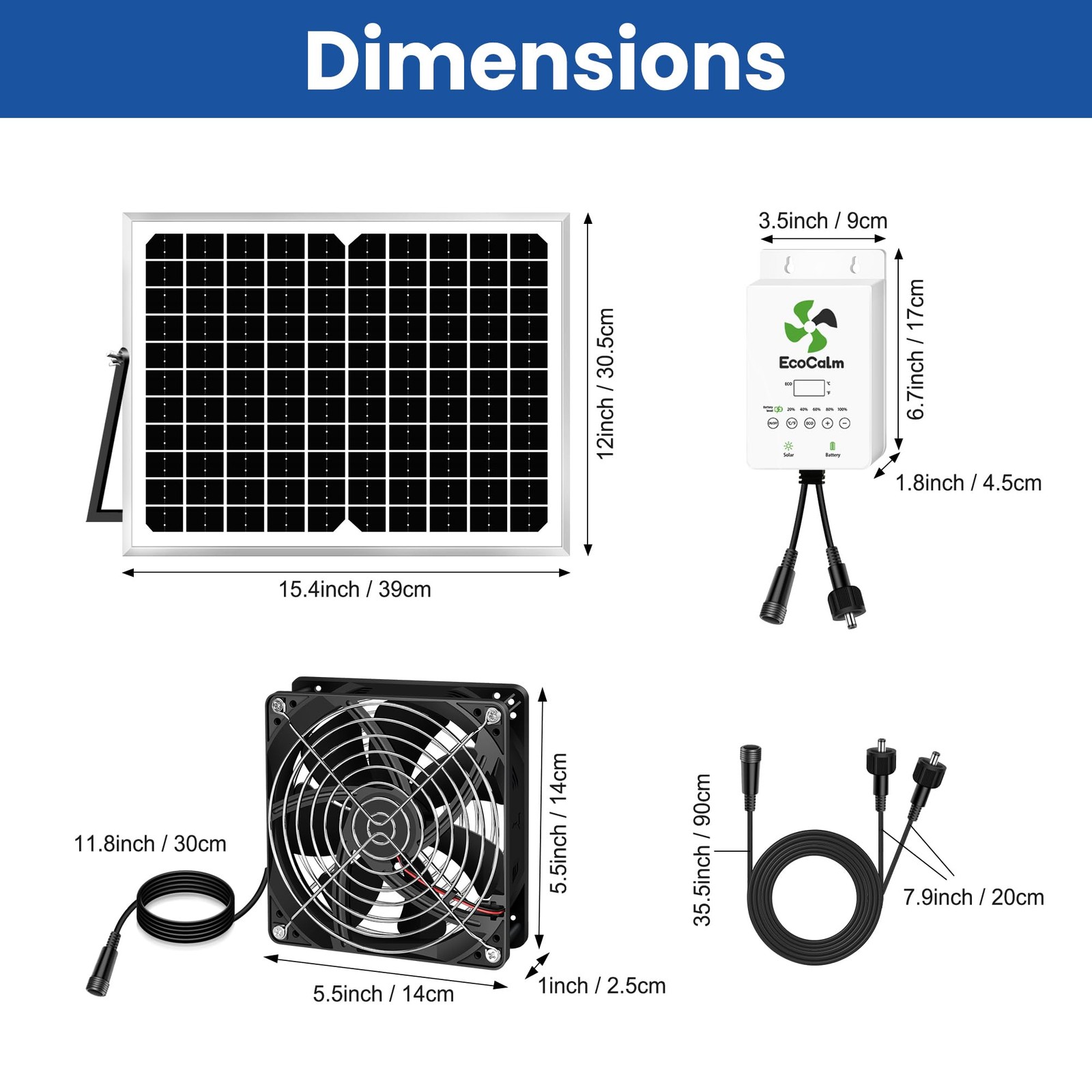 ecoCalm Solar Exhaust Fan for Chicken Coop with Battery and Adjustable Black