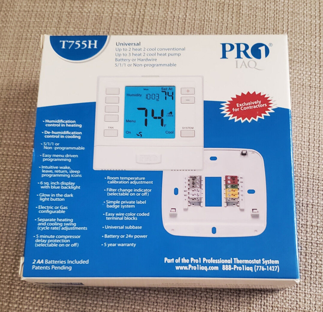 PRO1 IAQ T755H Universal Thermostat 5/1/1 Day Programmable 3 H/ 2 C. Brand New!