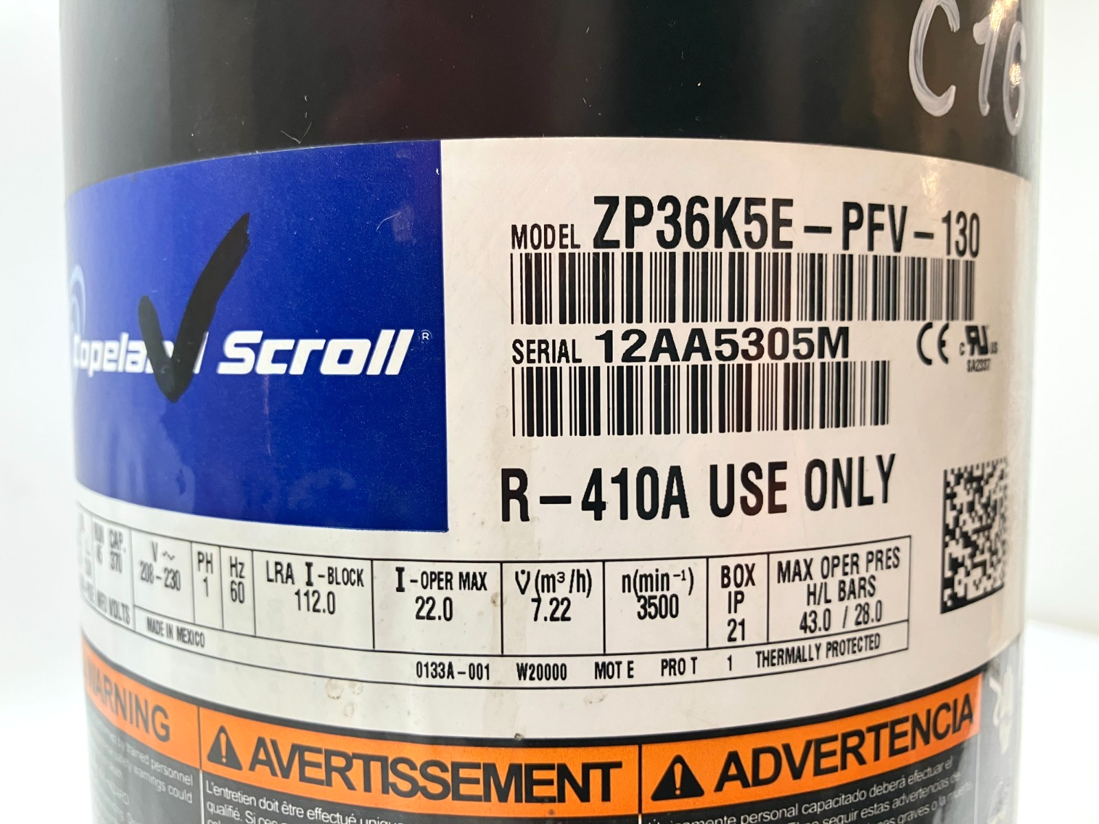 COPELAND Scroll ZP36K5E-PFV-130 36,000 BTU 230V 1PH 60HZ R-410A only! used #C16