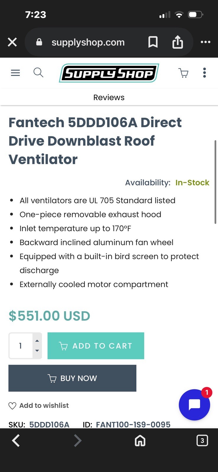Fantech 5DDD106A Direct Drive Downblast Roof Ventalator