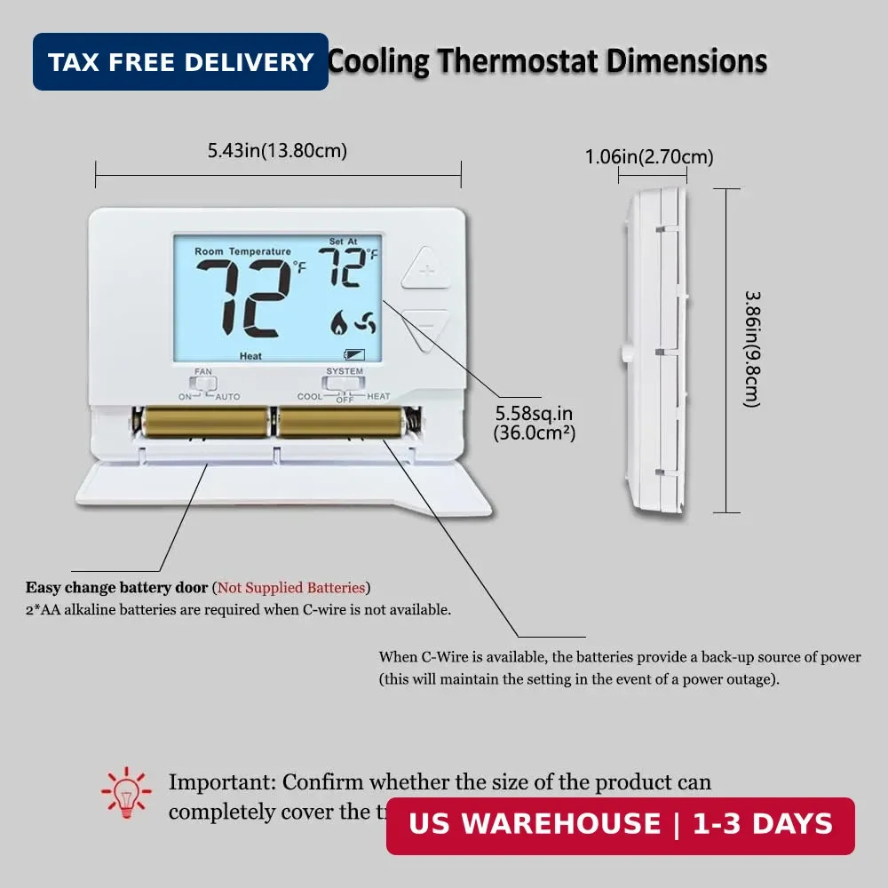 Thermostat for Home Non-Programmable Single-Stage Systems,1 Heat / 1 Cool,Easy D