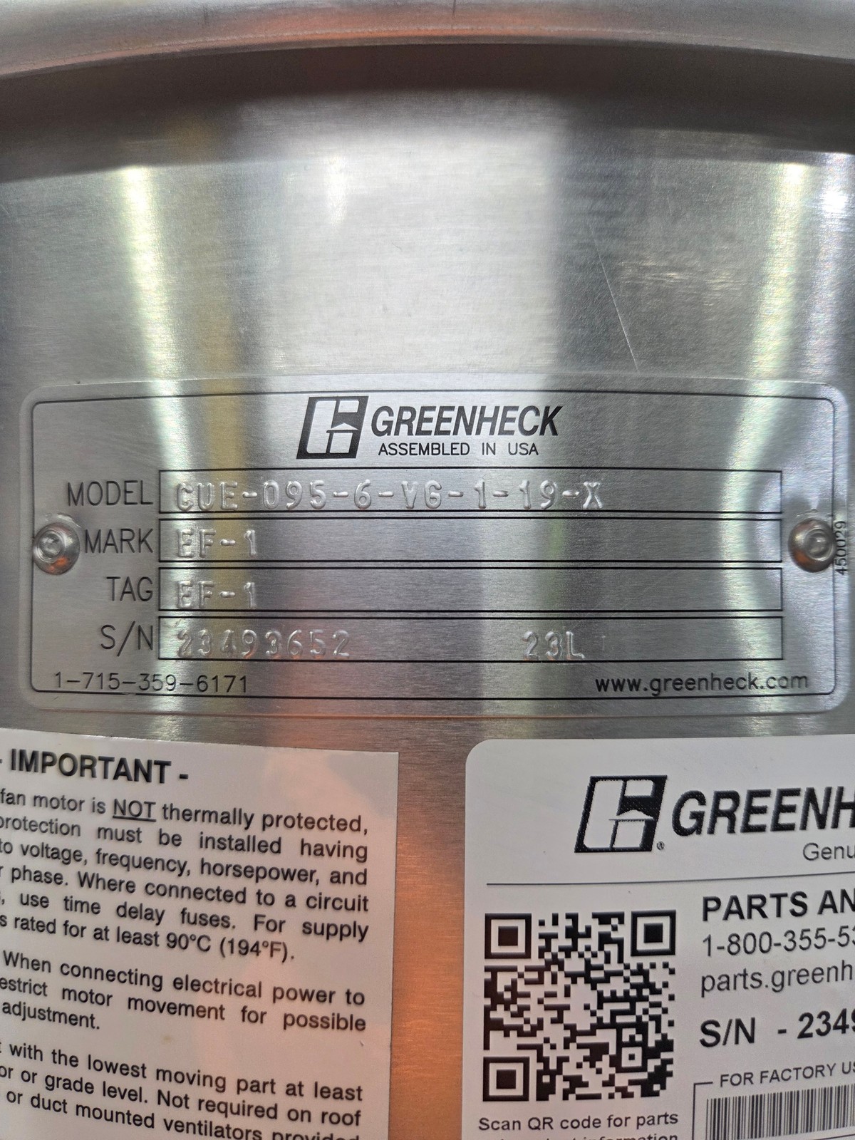 Greenheck / CUE-095-6-V6-1-19-X / 115V / Centrifugal Downblast Exhaust Fan