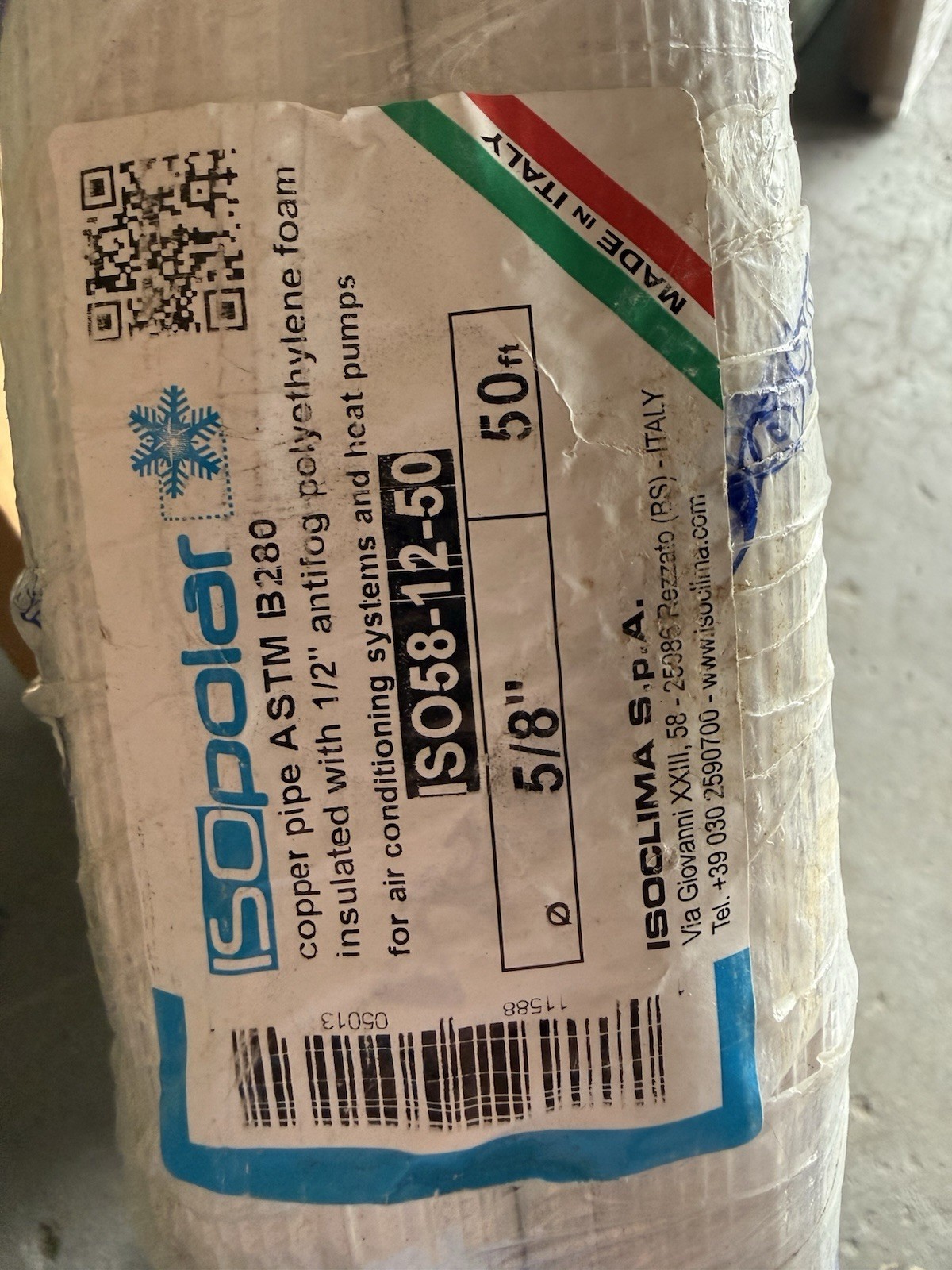 New 5/8” Line Set 1/2” Insulation Copper 5/8” 50’ Isopolar Italy ISO58-12-50