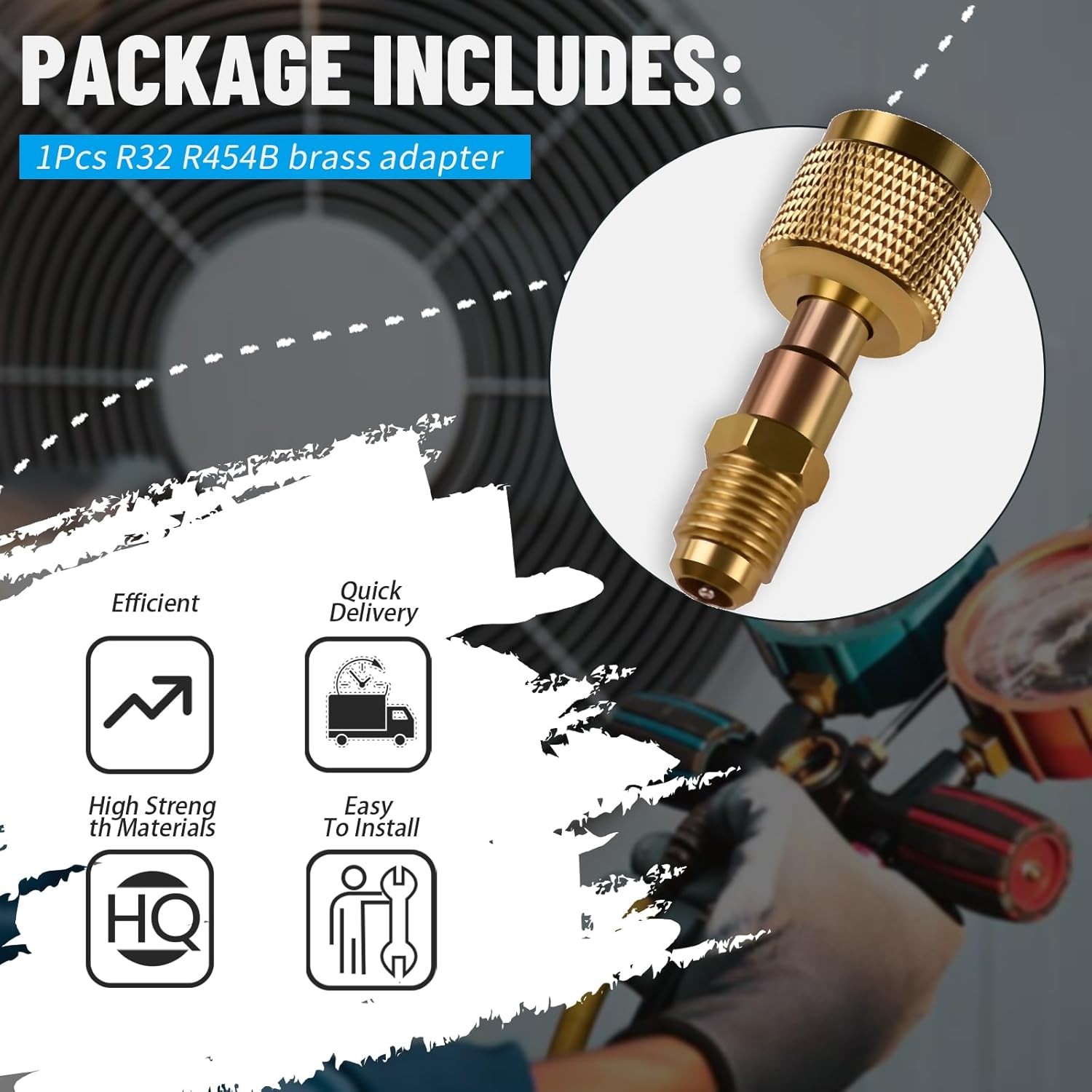1Pcs R32 R454B Brass Adapter 1/4″ Thread Fits A2L R454B/R32 Tanks Split Systems
