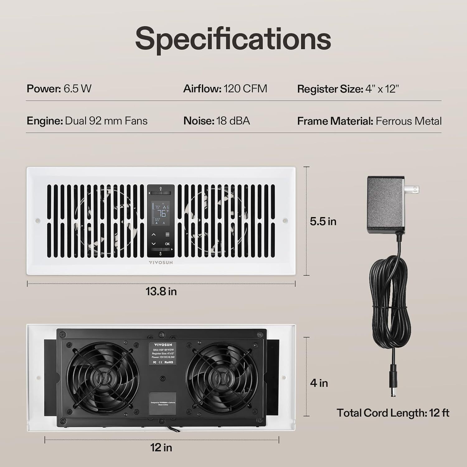 VIVOSUN 2PCS 4″x12″ Smart Quiet Register Fan Air Conditioner Cooling Air Booster