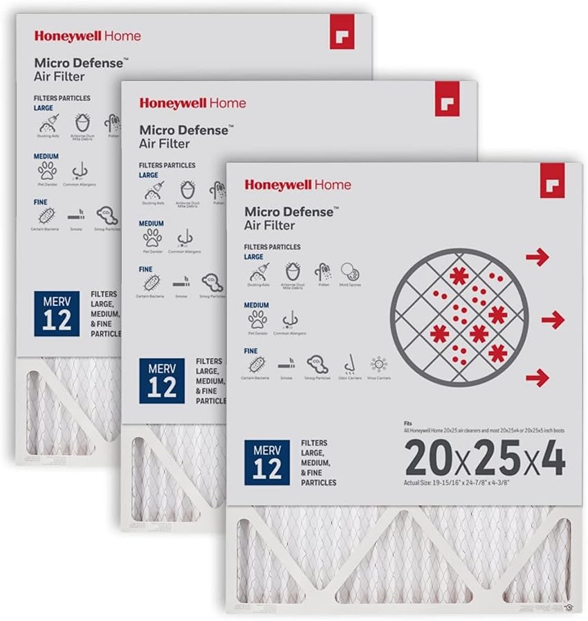 Honeywell Home 20x25x4 MERV 12, AC Furnace Air Filter, 3 PACK Pack of 3