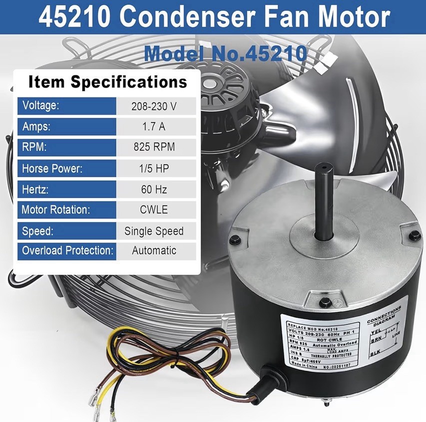 45210 Condenser Fan Motor, 1/5 HP 825 RPM 208-230V AC Condenser Fan Motor