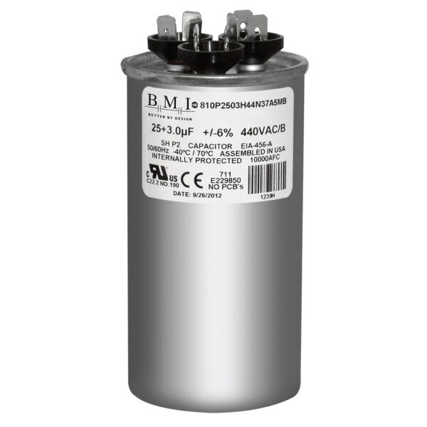 25+3 uF/MFD 370/440 VAC BMI Round Dual Universal Capacitor, Made in the USA