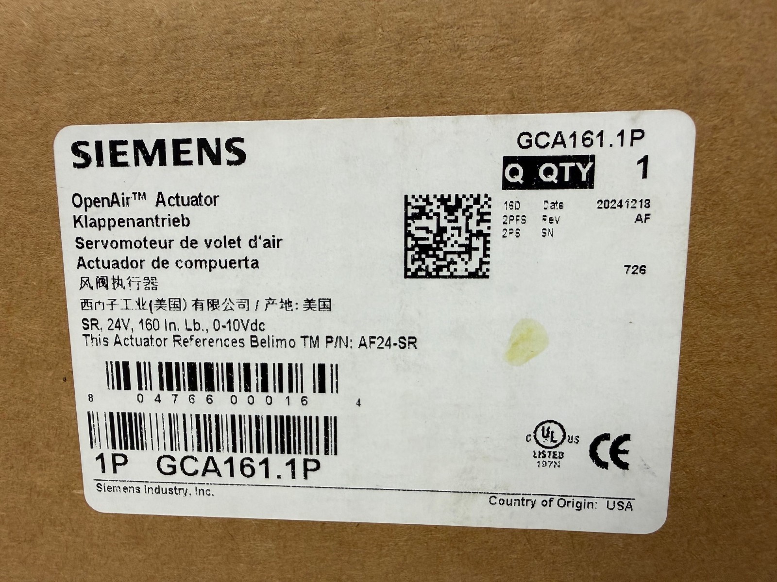 SIEMENS GCA161.1P OPENAIR ACTUATOR SR 24V 160IN LBS 0-10VDC NEW OPEN BOX