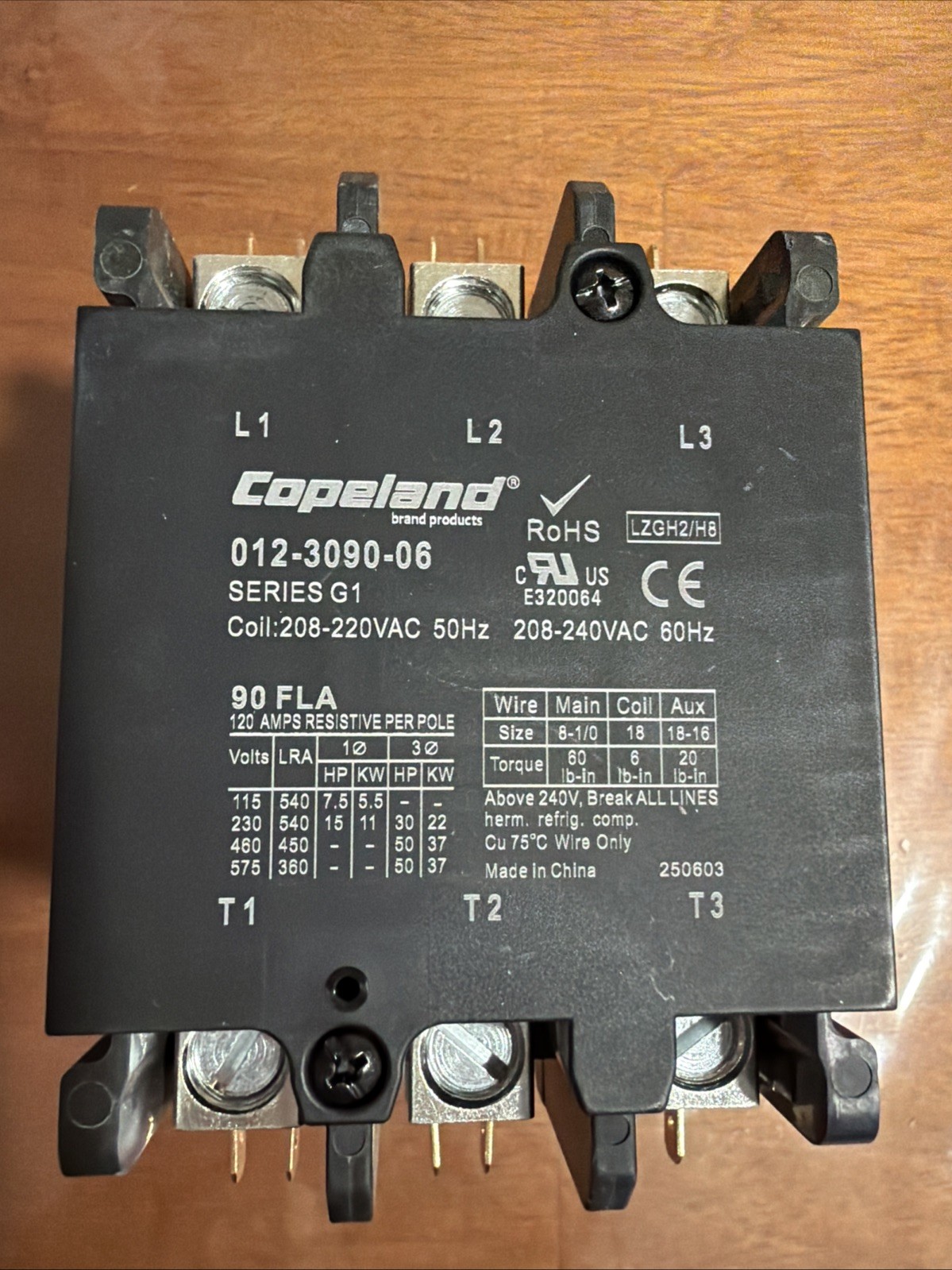 Definite Purpose Contactor, 3 Pole, 90 A, 208/240 Coil, Copeland 912-3090-06