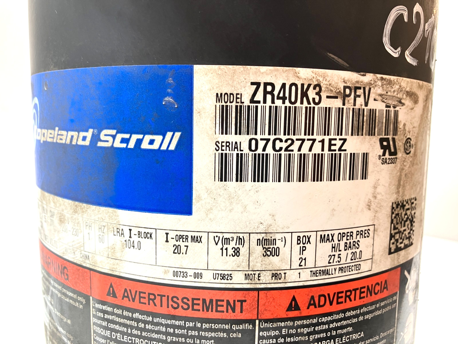 Copeland 3 Ton Scroll Compressor ZR40K3-PFV-230 1 PH 230 V R-22 used #C210